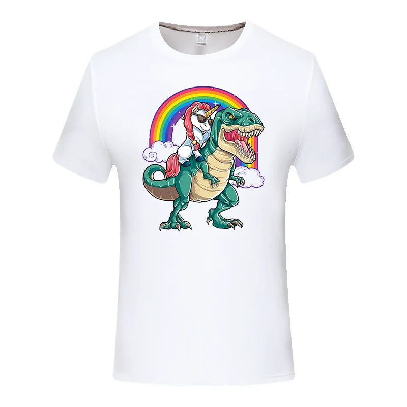 Bulldog German Shepherd Riding Dinosaur T Rex Tshirt for Men Rainbow T-Shirt Corgi Design Tops T Shirt Faddish Mens T Shirts