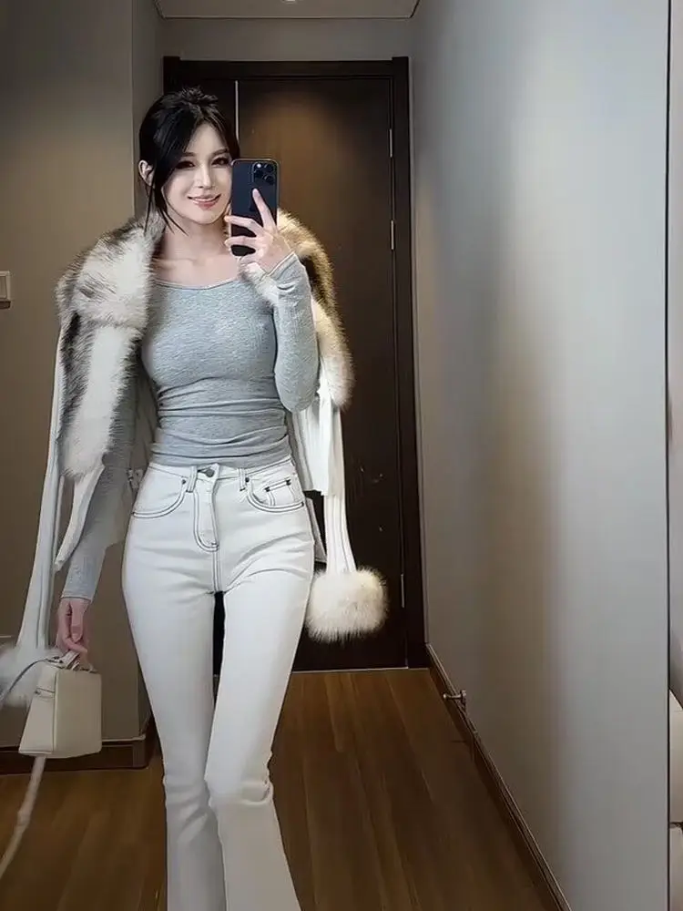 

High Waist Straight Leg White Jeans Women's Versatile Korean Sle Slimming Flare Casual Pants Autumn Cotton Stretch Denim