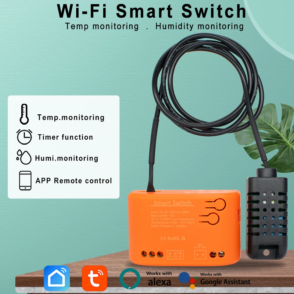 

Tuya Smart 7-32V 85-250V WiFi 1CH Relay With Temperature Humidity Sensor Passive Dry Contact Switch RF433 Alexa Alice Compatible
