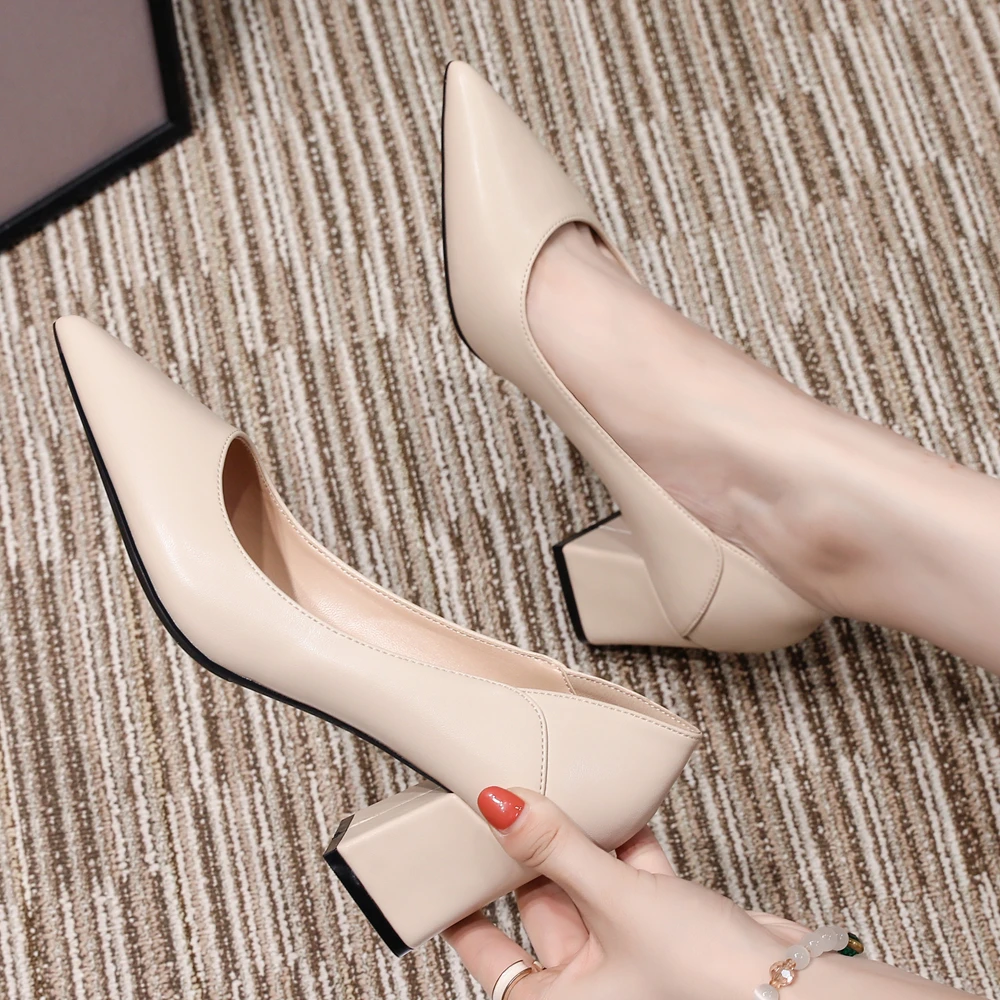 5cm Thick High Heels Soft Leather Pumps Women Pointed Toe Shoes Brand Design Lady Footwear Work Professional Female Shoes B007