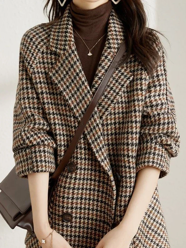 New Vintage Houndstooth Women Woolen Blazer Double Breasted Plaid Female Suit Jacket Fashion Korean Outerwear Loose Woolen Coats