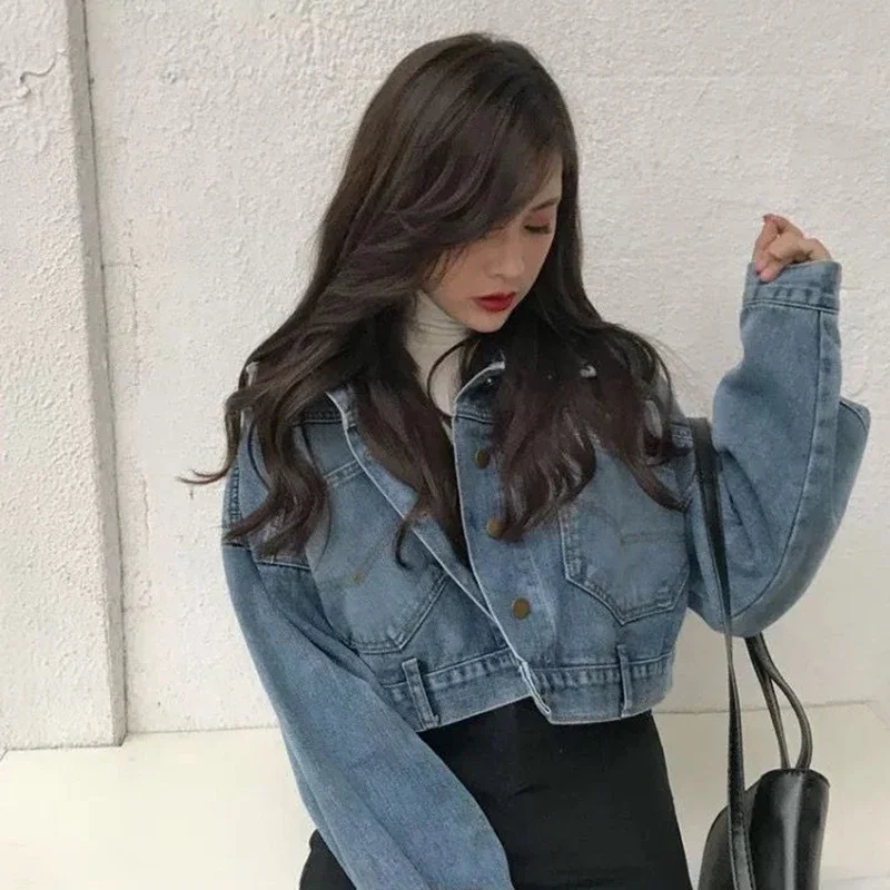 Cropped Denim Jacket Women Korean Fashion Back Split Buttons Up Bomber Jacket Female Lapel Long Sleeve Jeans Coats 2024