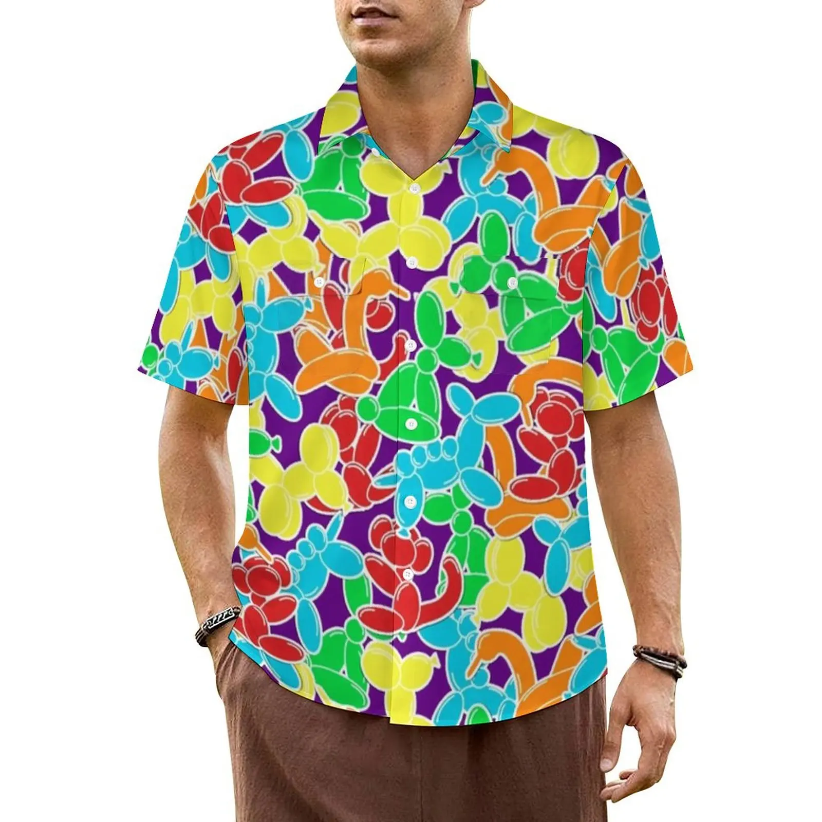 

Cartoon Balloon Print Casual Shirt Colorful Animals Retro Hawaiian Shirts Male Short-Sleeve Vacation Streetwear Oversize Blouses