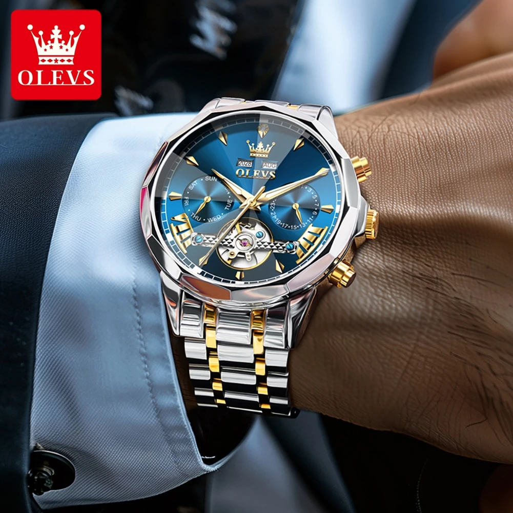 OLEVS 6619 Reloj para hombre, Reloj Tourbillon Original de lujo, Reloj multifuncional hueco de marca, Reloj mecánico automático para hombre