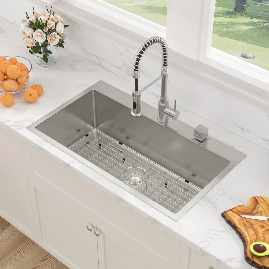 33 Inch Drop In Kitchen Sink - 33x19 Inch Stainless Steel Kitchen Sink Drop In Topmount Sink 16 Gauge Single Bowl Deep T