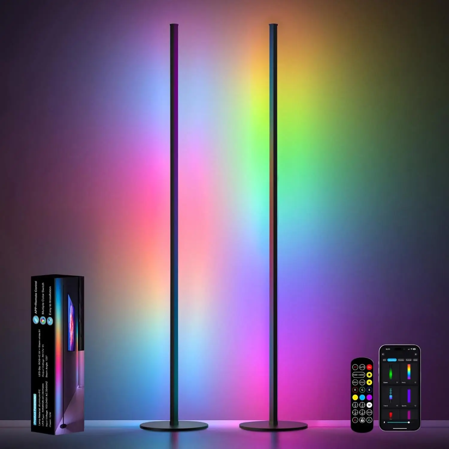 

2-Pack 55" Minimalist Corner Floor Lamp with Remote, Music Sync & 16M Colors, Warm White LED for Living Room Bedroom Gaming