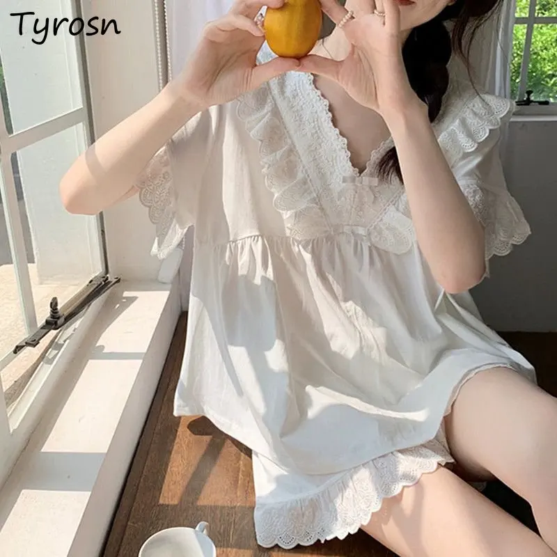 

Pajama Sets Women M-5XL V-neck Summer Korean Style Loose Sweet Casual Students Simple Solid Kawaii Daily Comfortable Elegant New