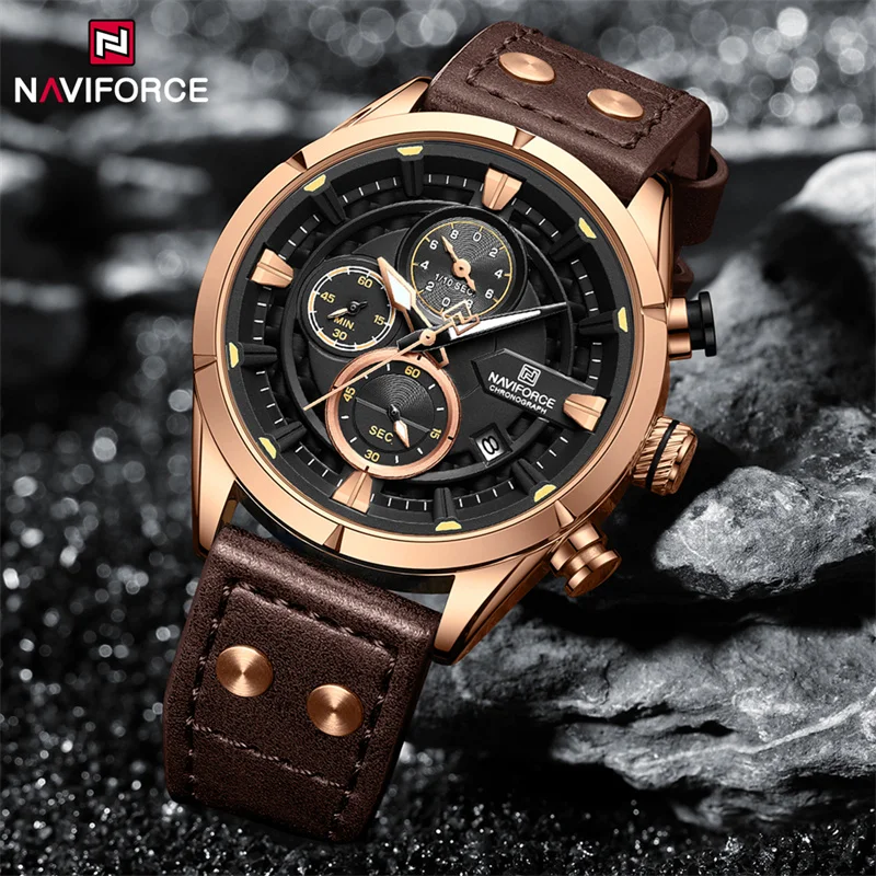 NAVIFORCE Fashion Watches For Men Leather Strap Waterproof Luminous Male Casual Chronograph Quartz Wristwatch Reloj Hombre 2024