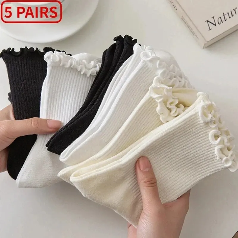 

5 /10 Pairs Lot Socks for Women Ruffle Middle Tube Ankle Short Breathable Black White Set Spring Autumn