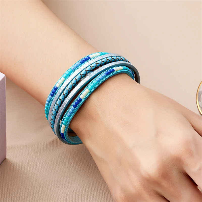 Böhmische Vintage mehr schicht ige Leder armbänder für Frauen hand gefertigte gewebte Leder breite Magnet verschluss Herren Armreif Modeschmuck – Detail 20
