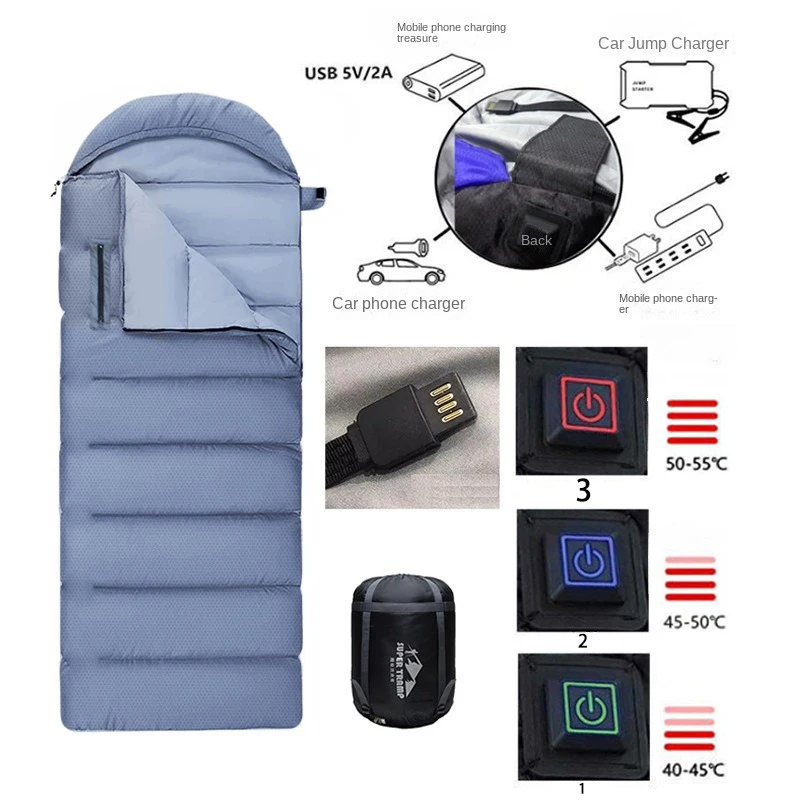 Camping USB Heating Sleeping Bag Thickened Hiking Connection To Power Bank Winter Autumn Sleeping Bag Outdoor Survival Camp Gear