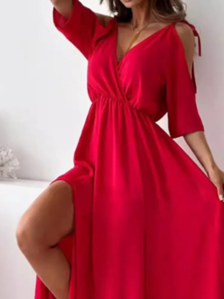 

Summer V-neck Dress Off shoulder Sleeves Sexy long Dresses Fashion Elegant Casual Loose Beach outfits Party Vestidos Para Mujer