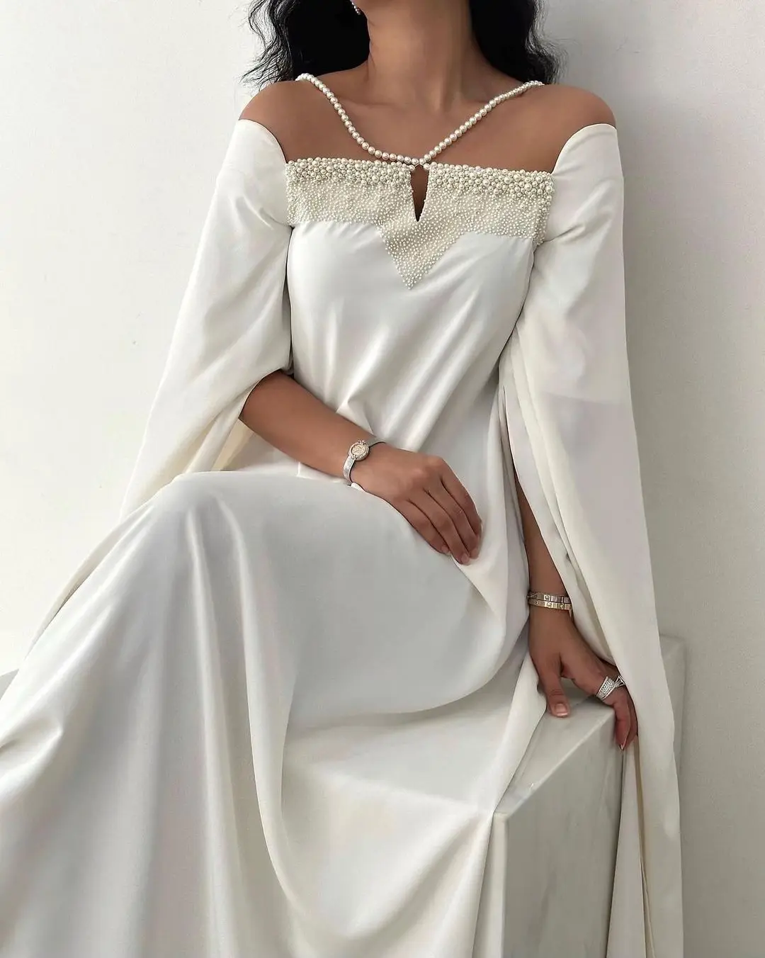 

Vintage Long Sleeves Prom Dresses Strapless Beadings Pearls Ankle Length Evening Dresses Fashion Women Wear Party Gowns