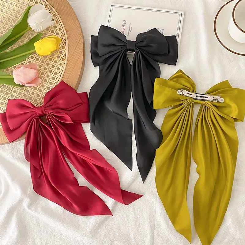 3pcs Set Solid Color Satin Ribbon Bows Hairpin Spring Clips Hair Accessories for Women Girls Trendy Korean Headwear