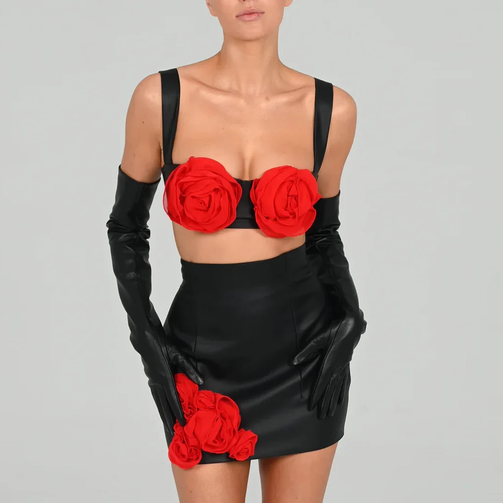 

Tank Mini Leather Party Dress Sleeveless Black Two Piece Set Woman Clothes With Red Flowers Sexy Floral Cocktail Dresses