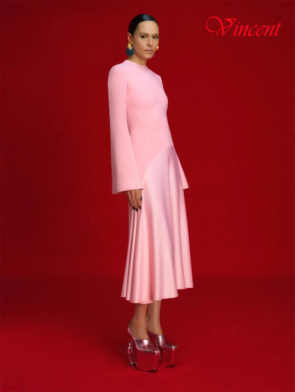Customized Simple Pink Satin Evening Dress Classic O-Neck Long Sleeves Celebrity Gowns Fashion Straight Tea Length Prom Dresses