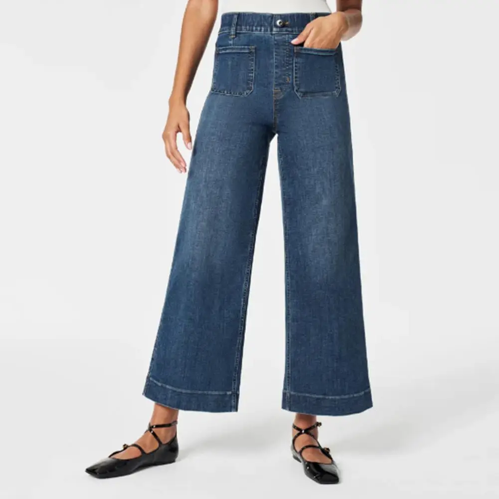 Pantalon en denim taille haute pour femme, pantalon large, taille élastique, poches pour la consultation, le shopping, la neuvième