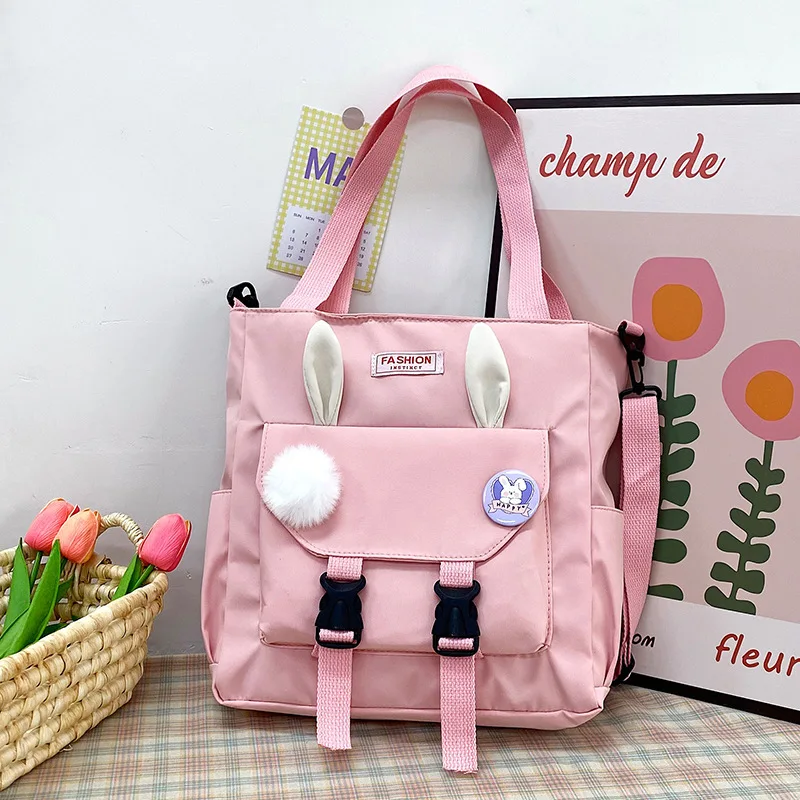 Female Student Large-capacity Make-up Shoulder Bag Korean Fashion Tote Bag Rabbit Ears Solid Color Fresh Crossbody Bag A random