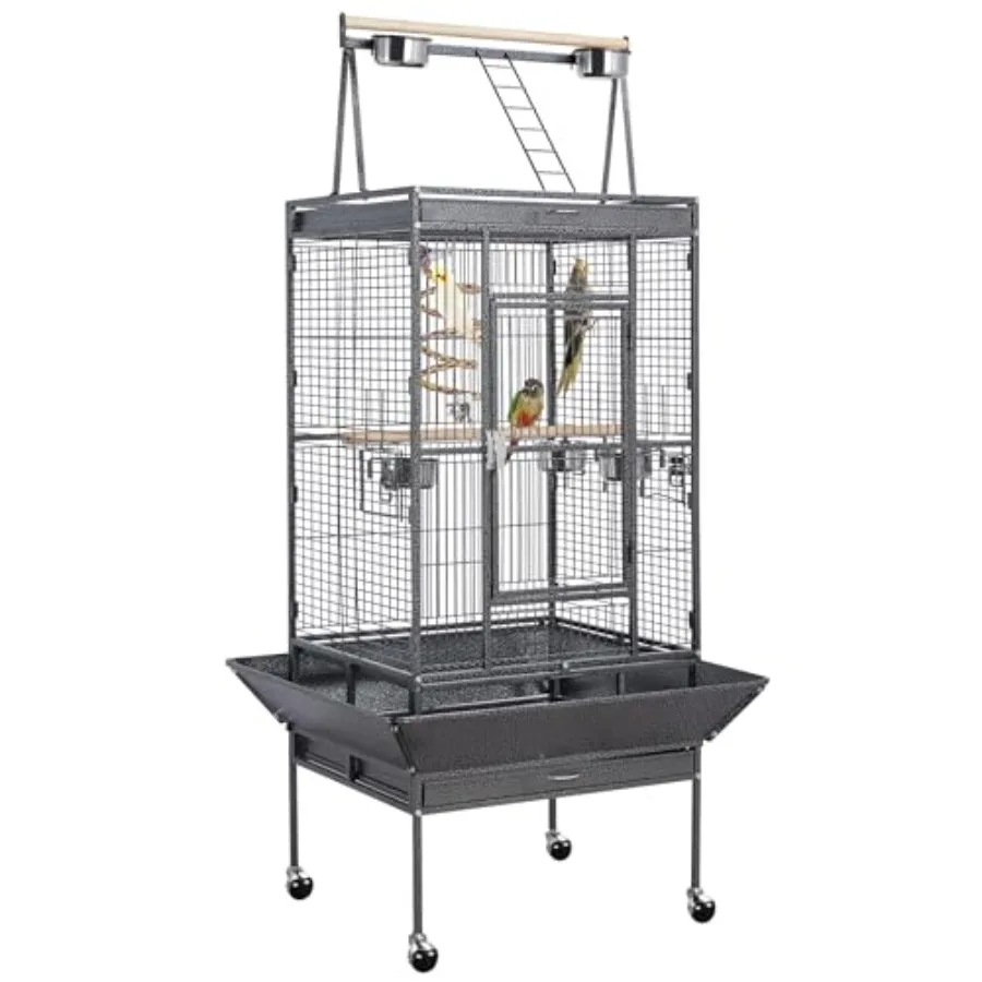 

69-inch Wrought Iron Rolling Large Parrot Bird Cage for African Grey Small Quaker Amazon Cockatiel Sun Parakeet Green Cheek Con