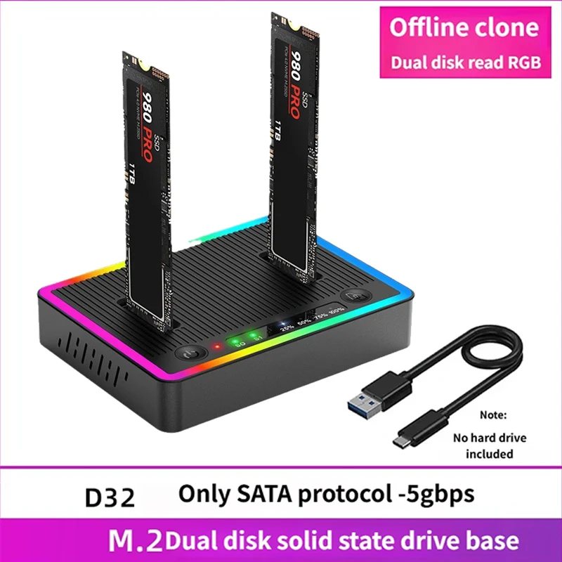 Dual-Bay M.2 NVME/SATA SSD Klon-Dockingstation Offline-Klon-Festplattenadapter M.2 SSD-Duplikator USB GEN2 SSD RGB-Gehäuse