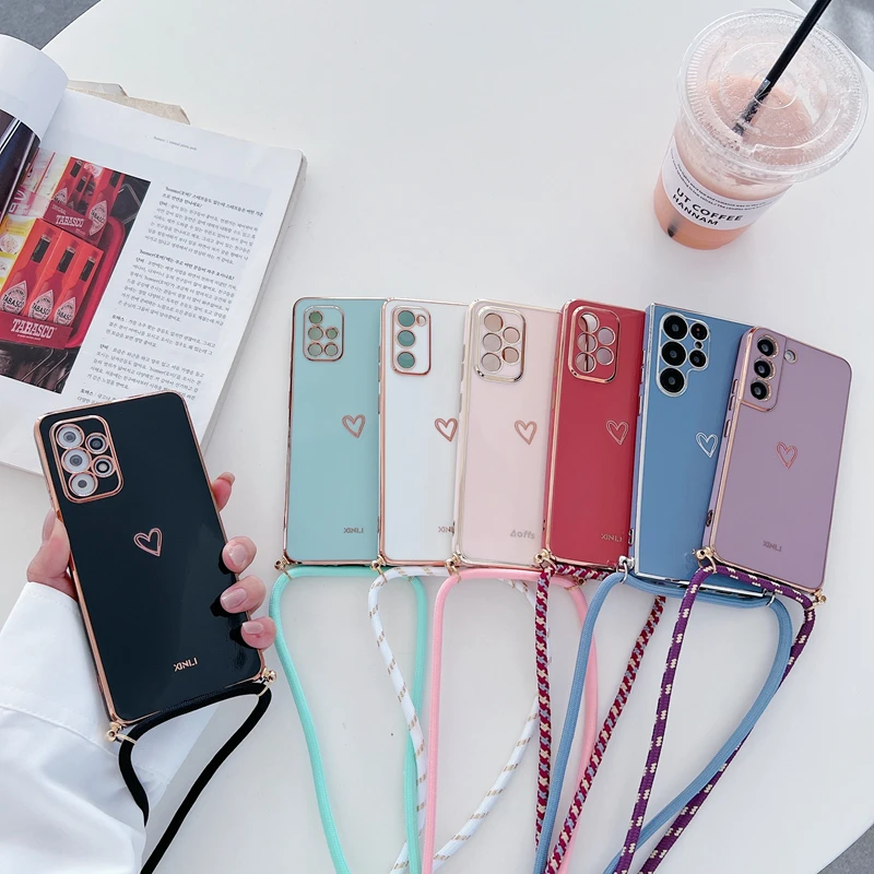 Liebe Herz Cross body Lanyard Strap Handy hülle für Samsung Galaxy S21 S20 S22 S23 S24 S10 S9 S8 Note 10 20 plus Ultra Fe Cover