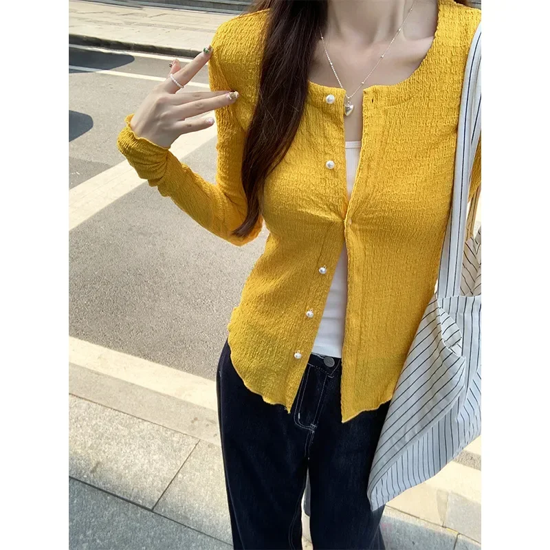 Yellow Round Collar Knitted Cardigan Women's Early Autumn Thin Edition Mushroom Edge Design Temperament Coat Exquisite Top