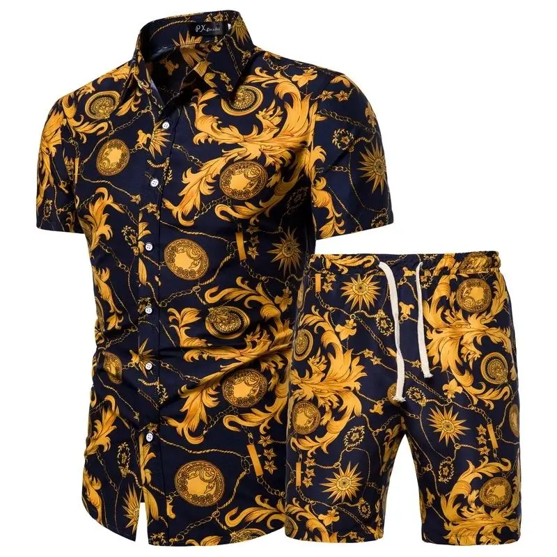 Hawaii 2 Pcs Men Luxury chain Beach Outfits 3D Print Short Sleeve Lapel Button Down Shirt + Drawstring Shorts Male Clothes Sets