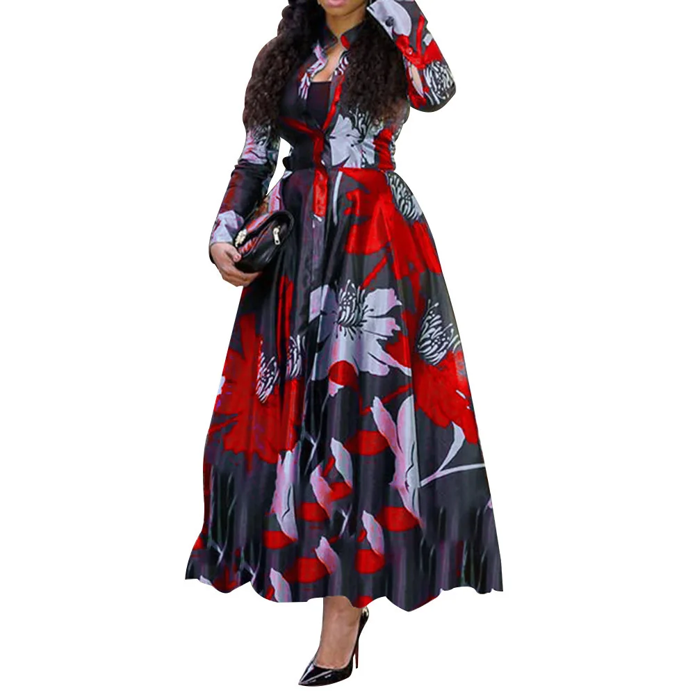 Retro Print Large Maxi Dress Women's Fashion Elegant Office Women's Long Dresses Spring Autumn Casual Long-sleeve Slim Vestidos - Image 4