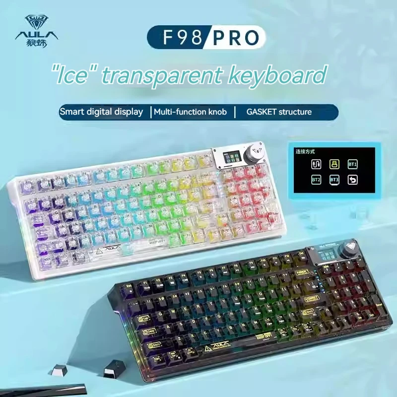 Aula F98pro Wireless Bluetooth Three Mode Transparent Mechanical Keyboard With Display Screen Game Keyboard Computer Accessories