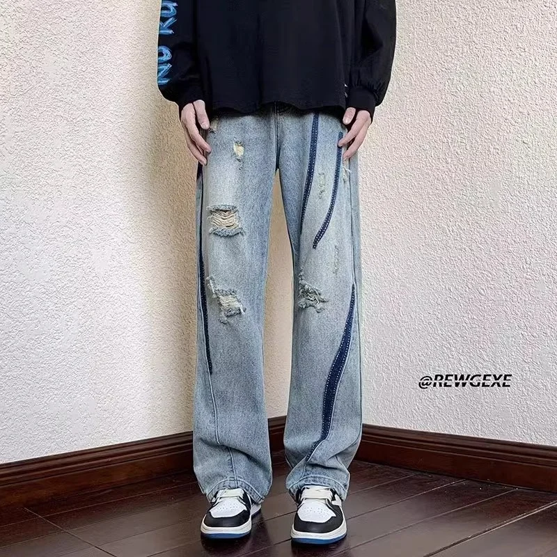 

plus Size Men's Denim Jeans High Street Loose Fit Straight Leg Retro Hole Design Autumn Winter Polyester Breathable Pants