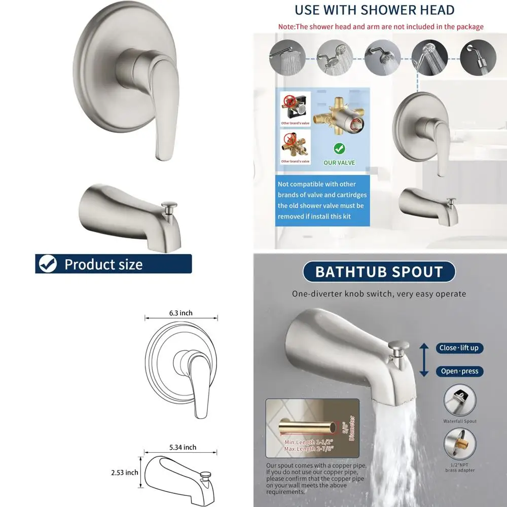 

Brushed Nickel Tub Shower Valve Trim Kit with Mixer and Spout, Bathroom Rough-In Mixer Valve Trim Set