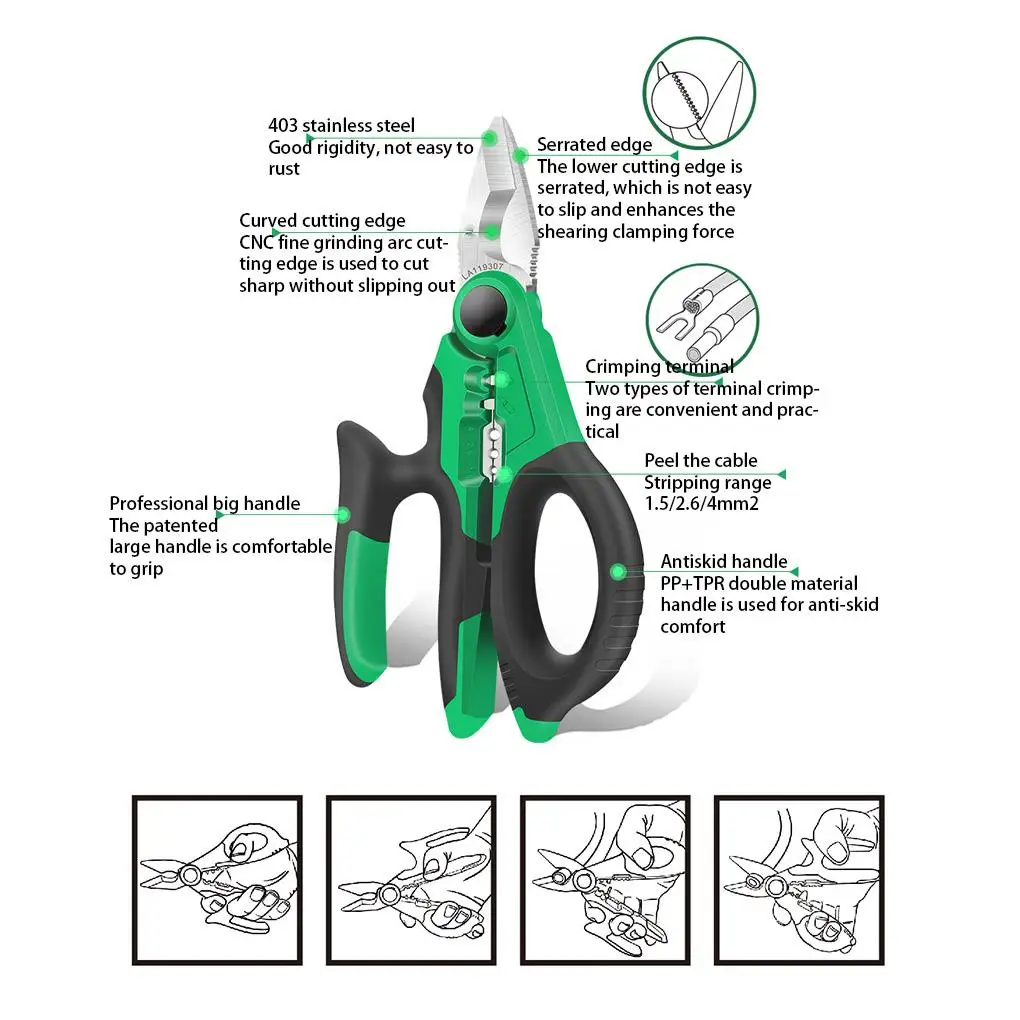 Electrician Scissors Handheld Wire Stripping Shears Household Professional Crimping Pressing Serrated Stripper Tool