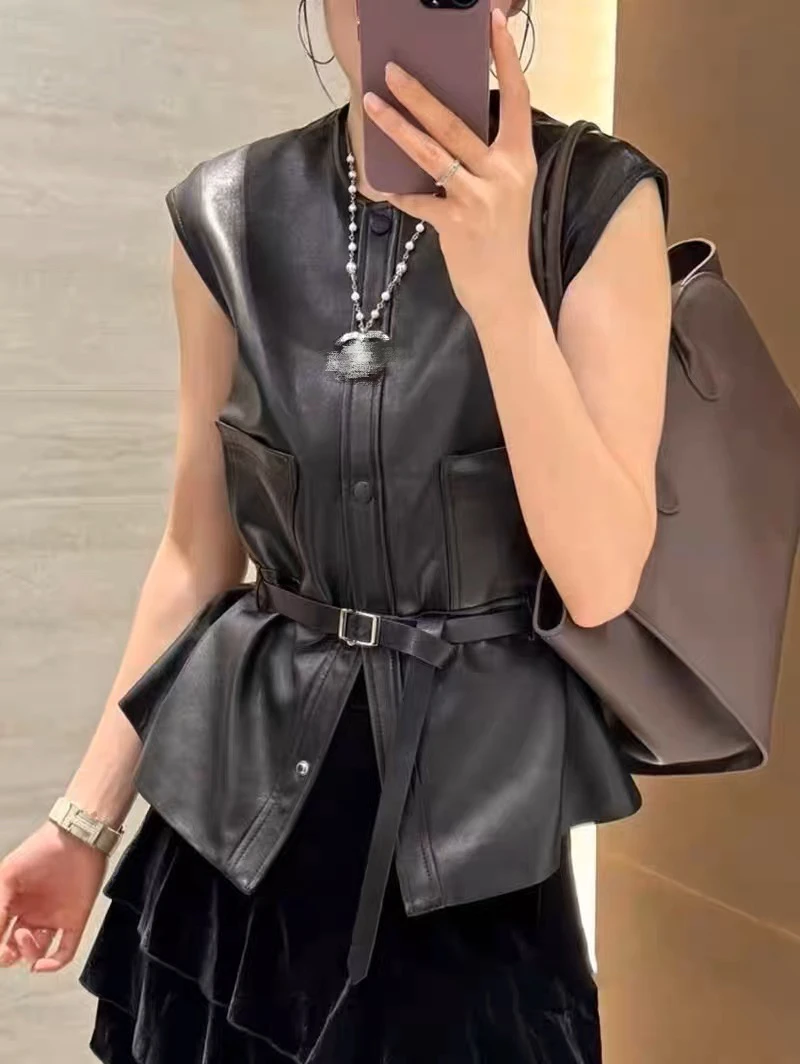 Elegante Intellektuelle Schlanke Gürtel Weste Frauen Femme 100% Leder Schwarz Burgund Weste Mujer Pullover Manteau Ärmellose Jacke