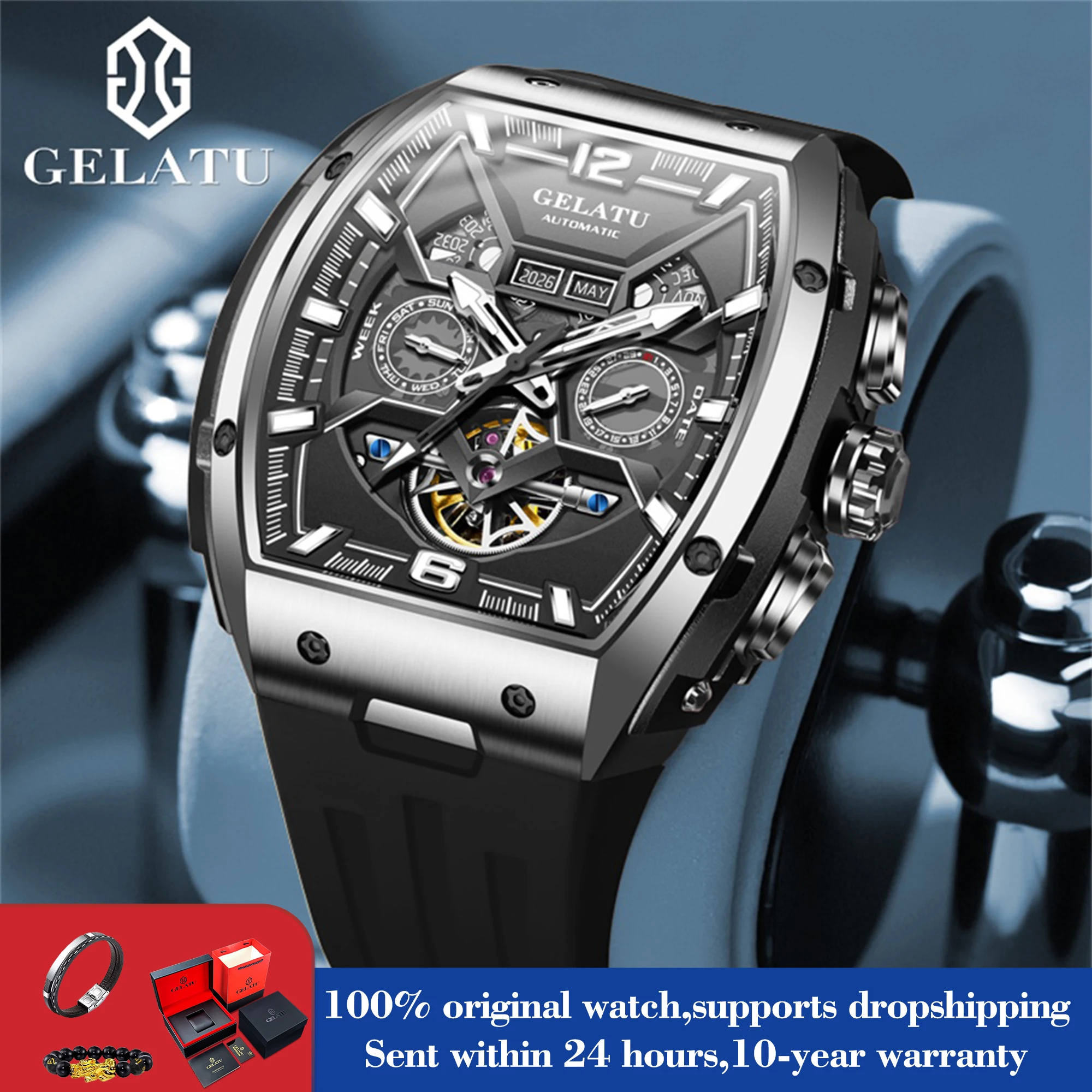 GELATU 6013 Auto Date Mechanical Watch For Men Hollow Skeleton Big Dial Silicone Strap Hand Clock Waterproof Original Man Watch