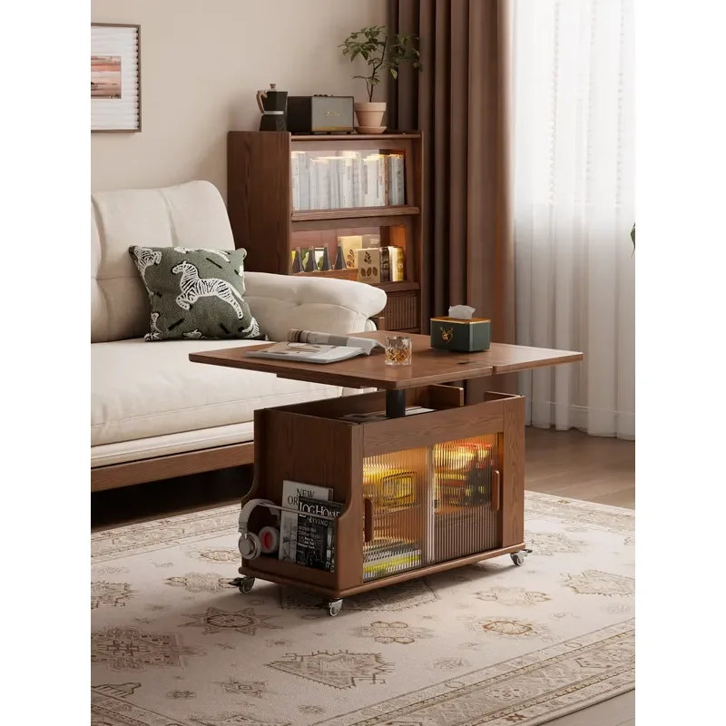 Solid Wood Folding Coffee Table with Adjustable Wheels Mid-Century Style Living Room Home Small Apartment New Arrival CJ088