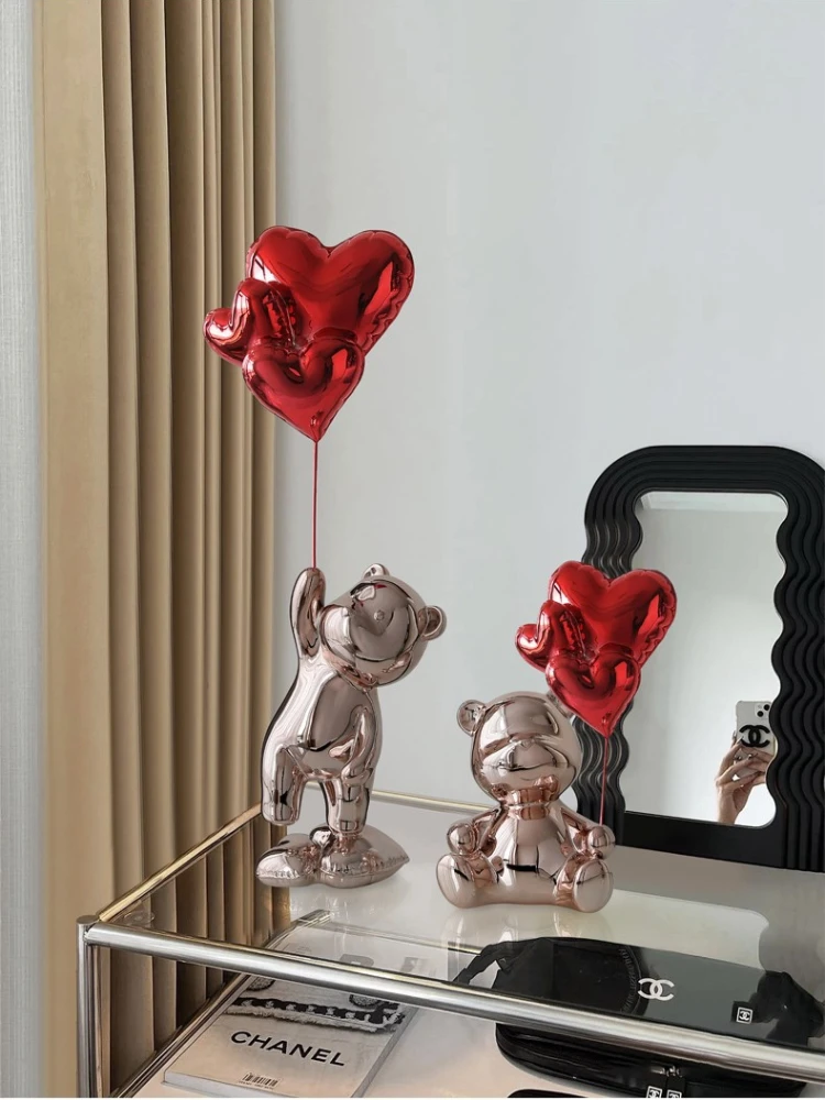 Home Decor Love Bear Figurine Nordic Modern Resin Animal Sculpture Balloon Flying Bear Ornaments Living Room Decoration Craft