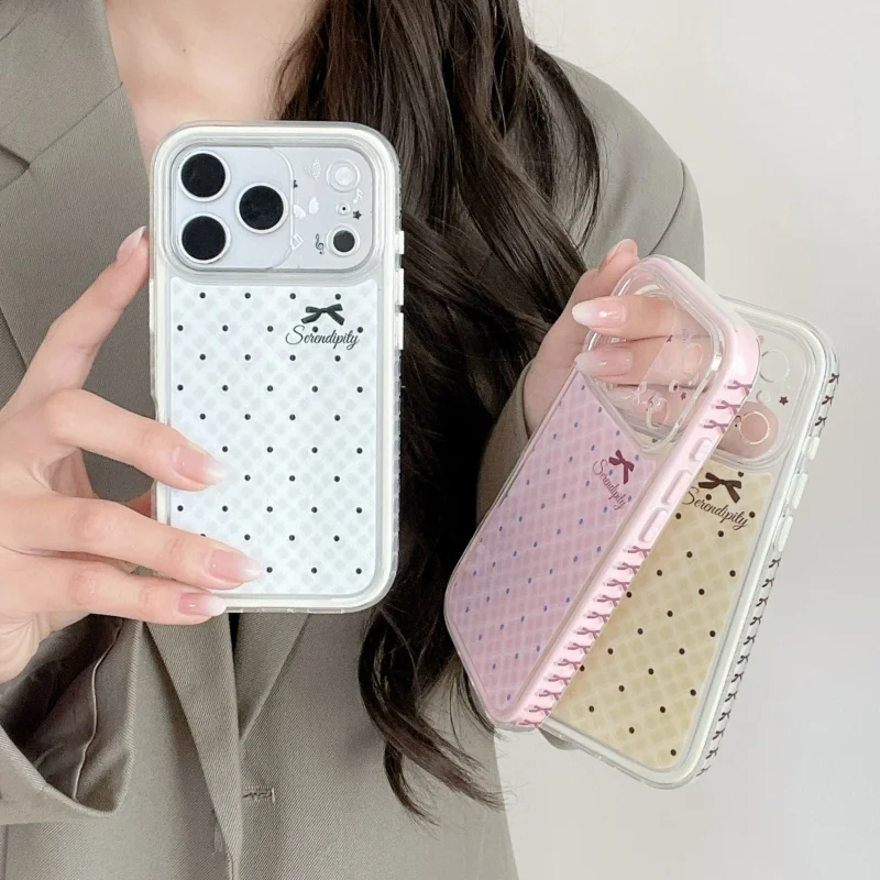 

Korean Polka Dot Cute Bowknot Phone Case For iPhone 17 Pro 16 15 14 Pro Max Cover Lovely Side Frame Shockproof Protective Cases