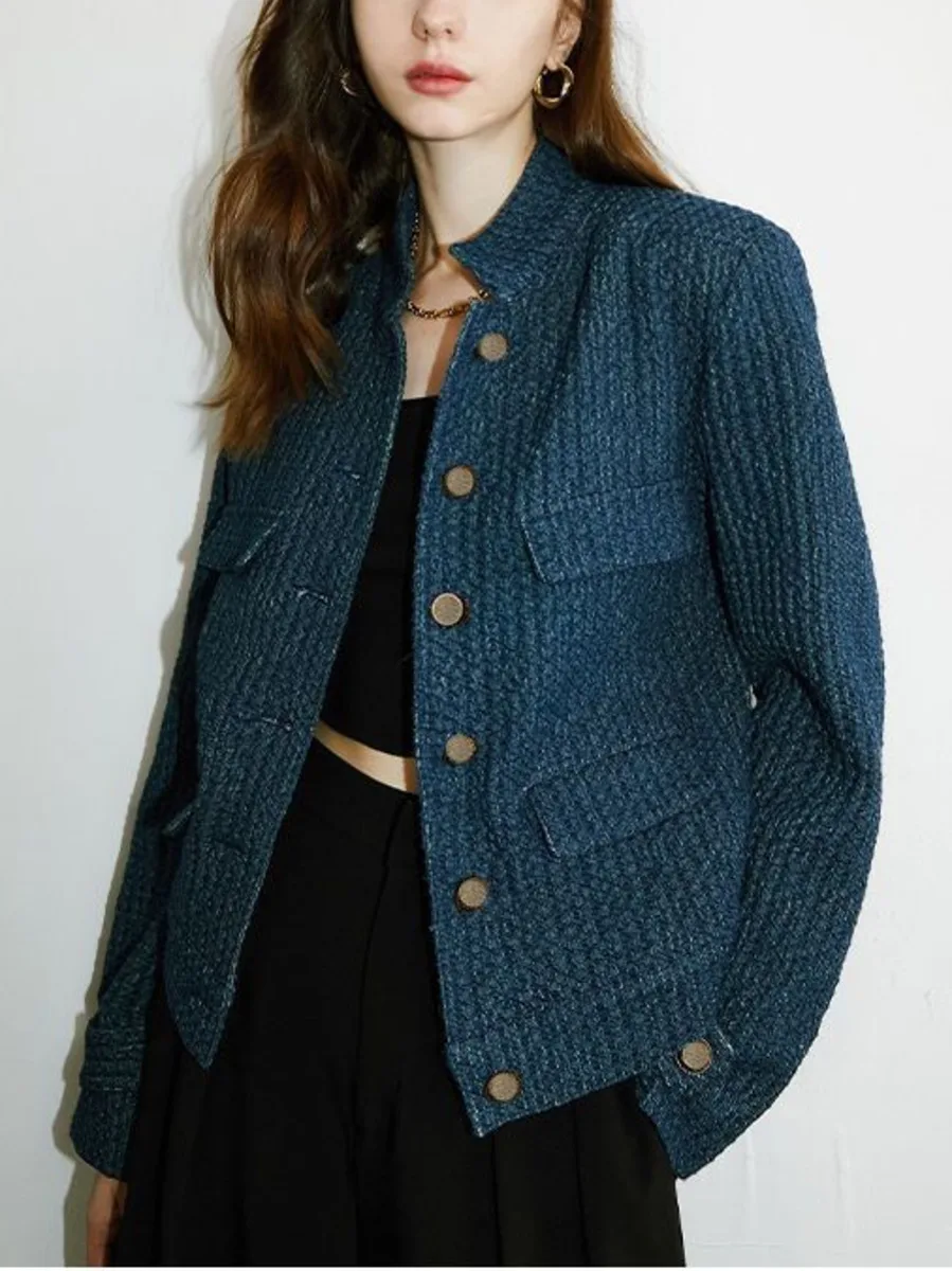 Vintage Blue Tweed Jackets Women Fashion Designers Spring Autumn Casual Clothes Luxury 2024 Buttons Elegant Short Coats Top