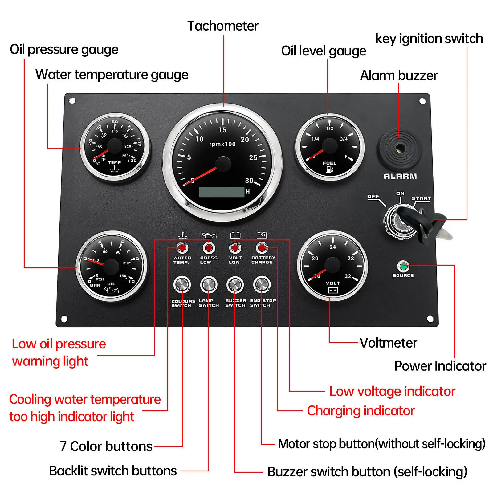 5 Gauge Multifunctional Tachometer Set Black Dial Marine Dash Gauge for Boat Engineered Vehicle Fuel Level Water Temperature Oil view 6
