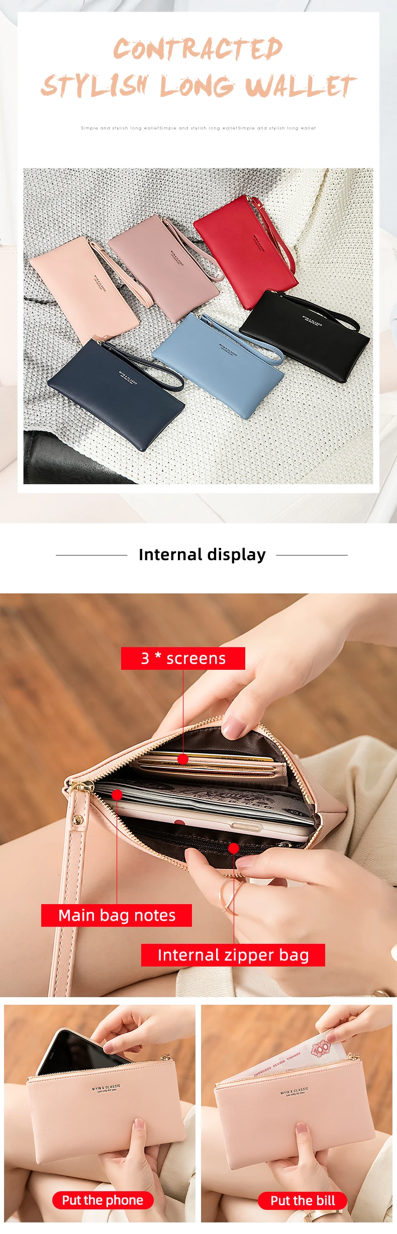 Neue minimalistische Geldbörse mit Reißverschluss, hochwertige PU-Leder Kreditkarten- und Handy-Aufbewahrungstasche, ultradünne Damen-Langbörse, Handtasche – Detail 1