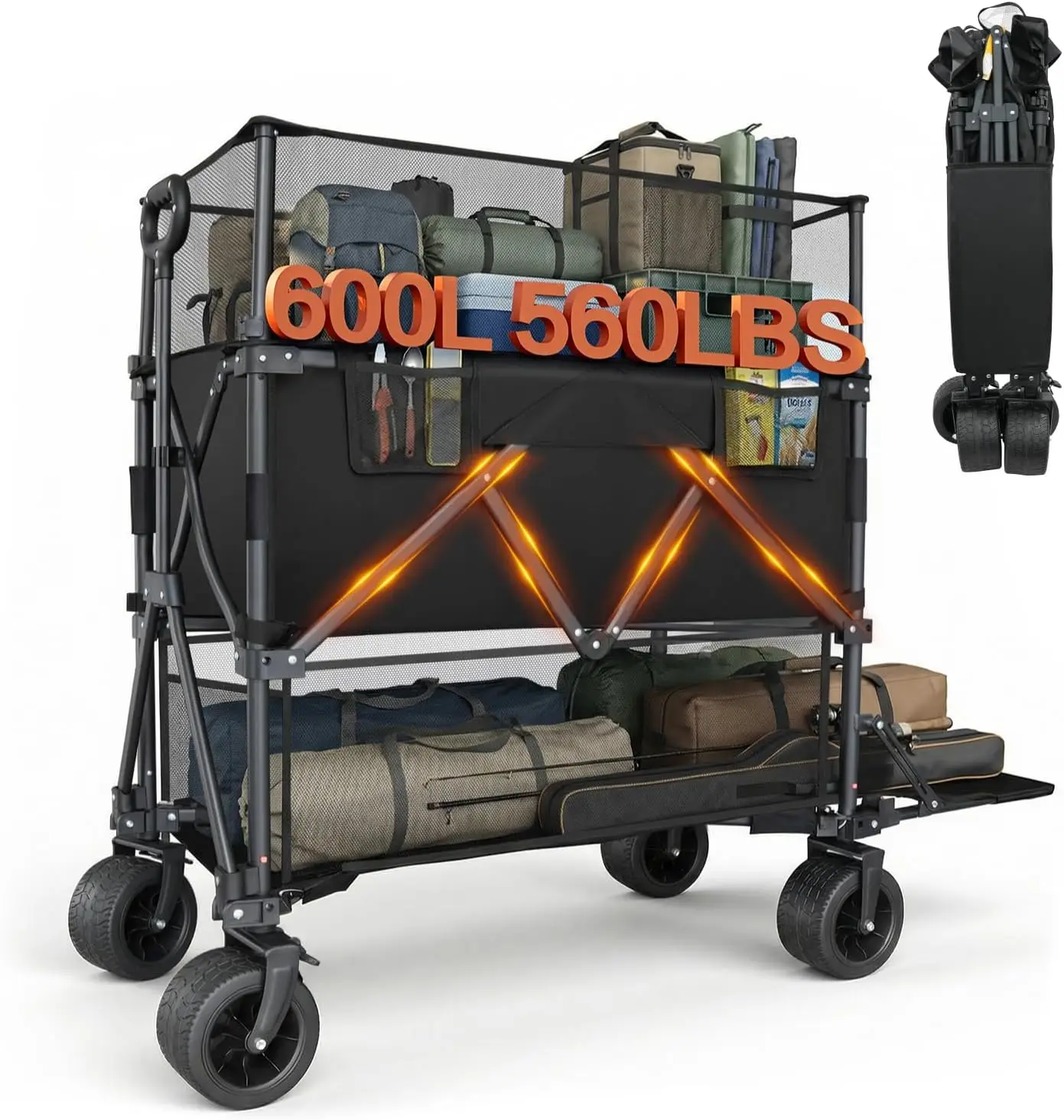 Camping, Beach, Groceries, Sports - Foldable - Black - 560Lbs Load Heavy Duty Wagon with Retractable Mesh and Tailgate