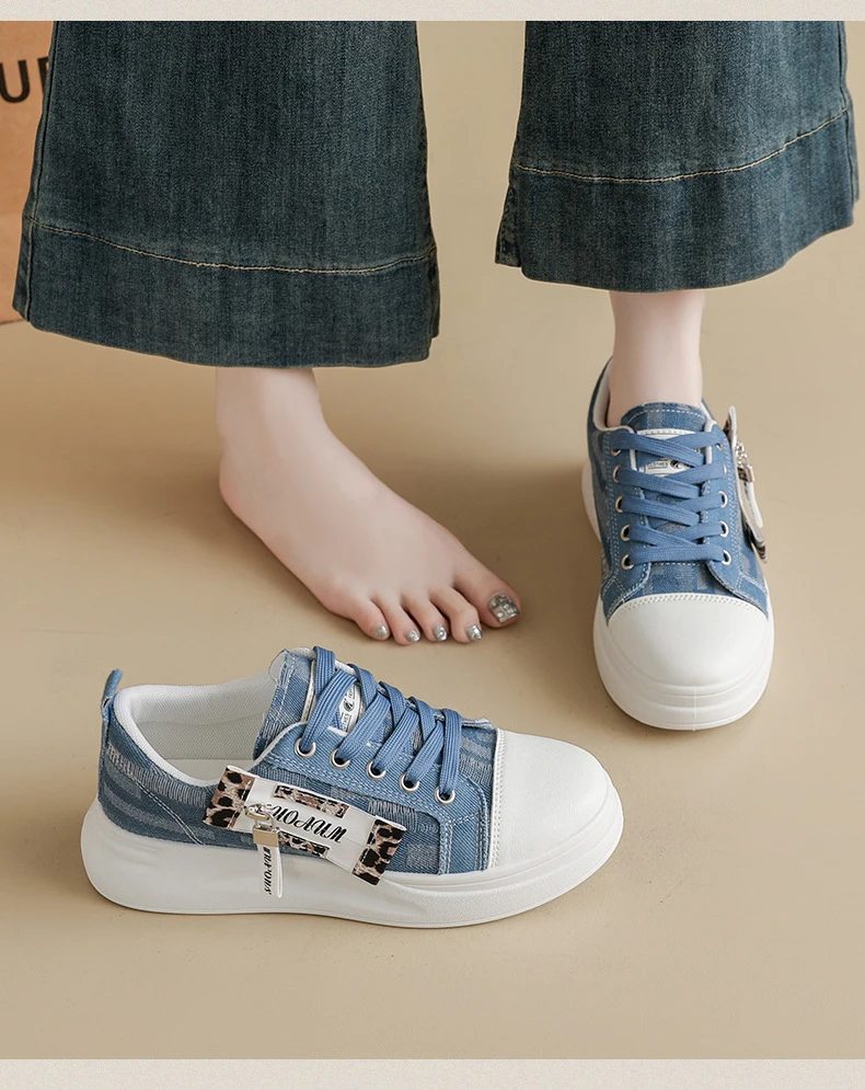 Neue Hip-Hop-Style Denim-Canvas-Schuhe Größe 43 Damen-Plimsolls mit Leoparden-Detail Niedrige Sneakers Damen Mode Freizeittrainer Turnschuhe – Detail 17