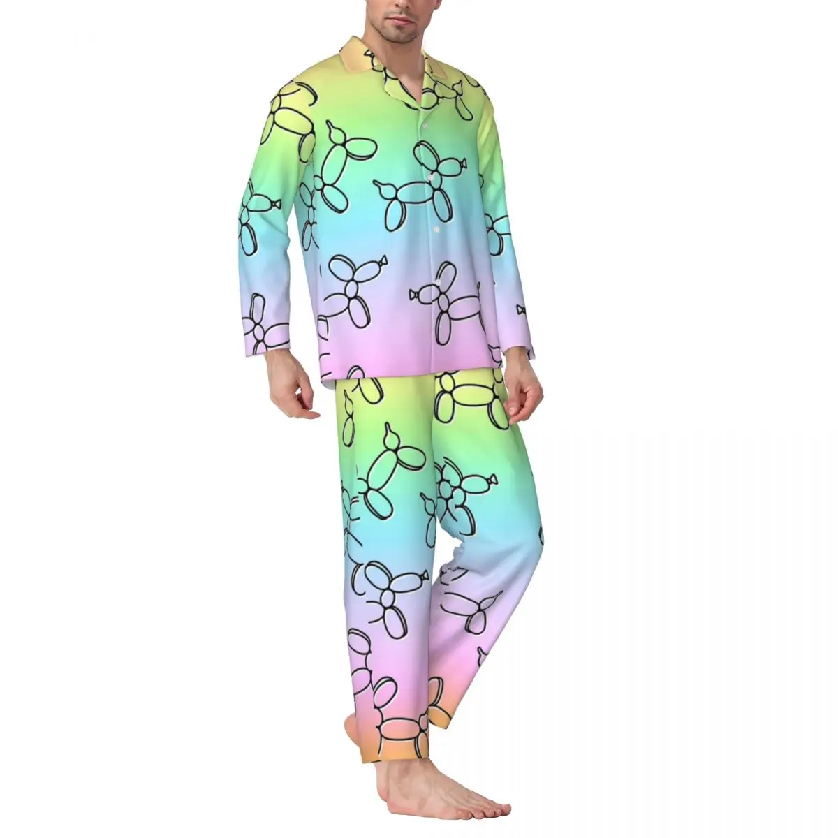 Colorful Balloon Dogs Sleepwear Autumn Ombre Print Aesthetic Oversize Pajamas Set Men Long Sleeve Lovely Home Custom Nightwear