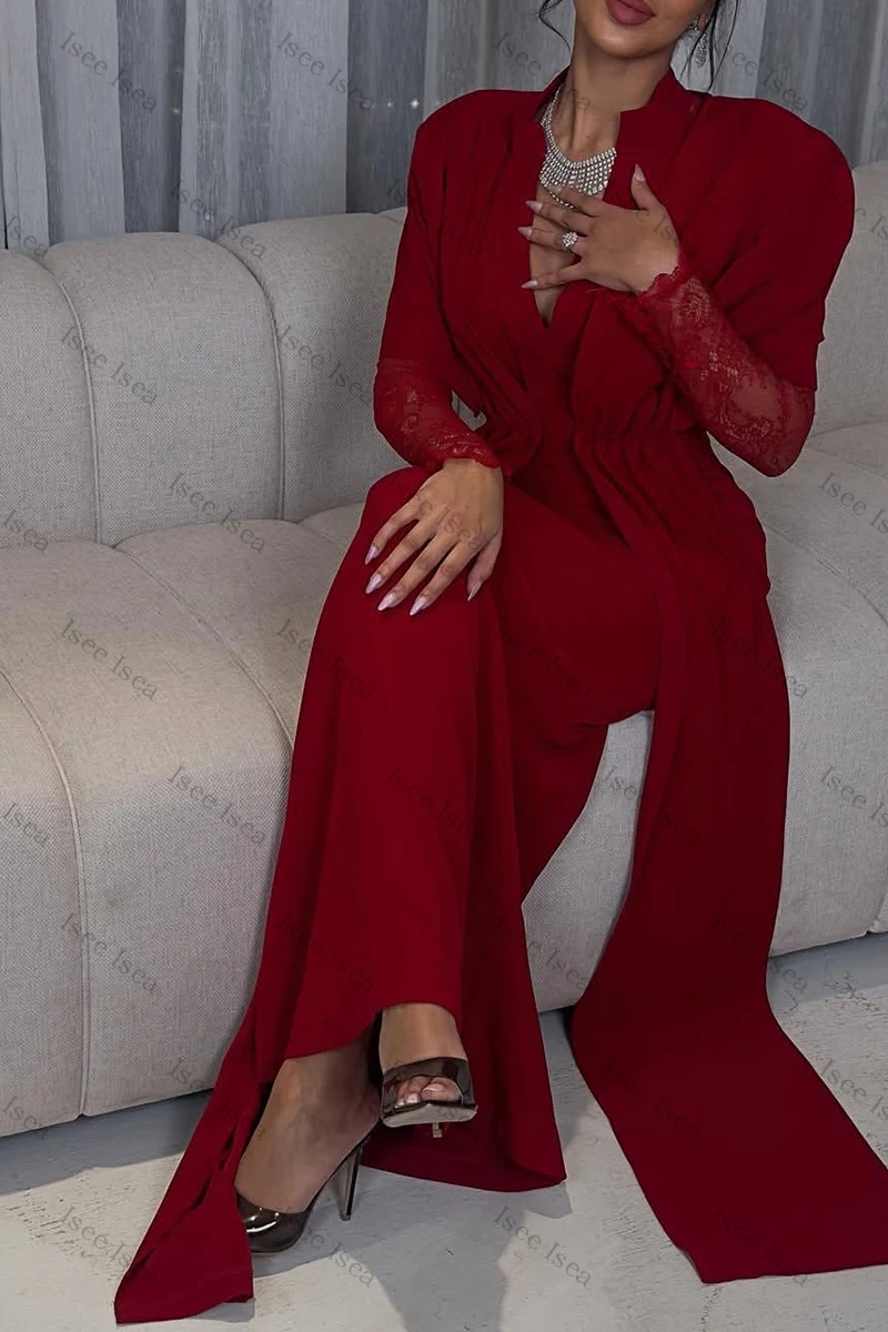Borgonha renda vestidos de noite manga longa com decote em v vestido de baile até o chão árabe saudita frisado vestido no tapete vermelho 2026 personalizado