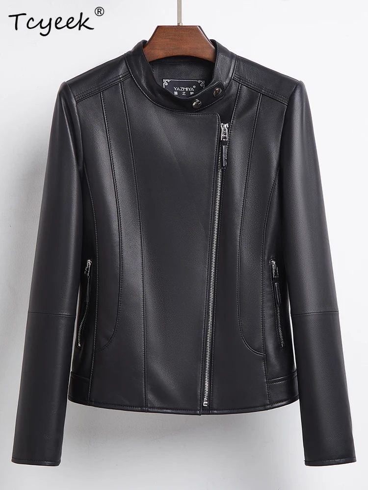 Tcyeek 양피 여성 가죽 자켓 봄 가을 스탠드 업 칼라 긴 소매 검정색 짧은 오토바이 자켓 Chaqueta Cuero