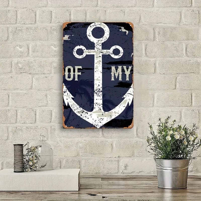 Vintage Nautical Anchor Wall Art - Rustic Metal Tinplate Sign with 