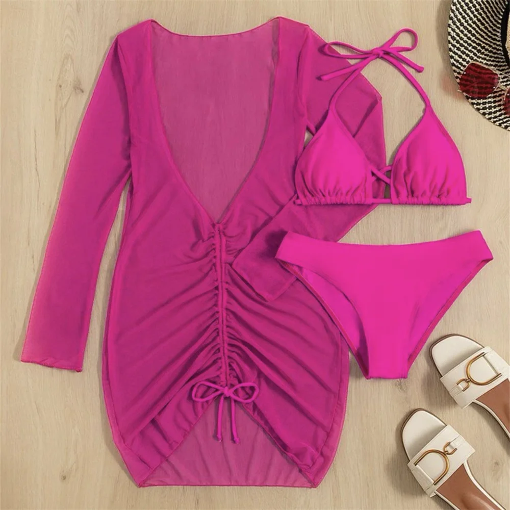 Neon Green Bikini Micro String Swimsuit Sheer Mesh Cover Up Long Sleeve Brazil Beach Outfit Women Vacation Swimwear Bathing Suit