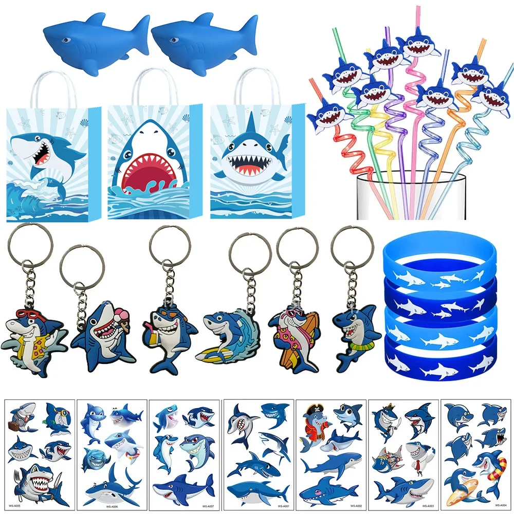 Shark Party Favors Shark Straws Shark Bracelets Wristbands Tattoos Keychains Under the Sea Party Shark Birthday Party