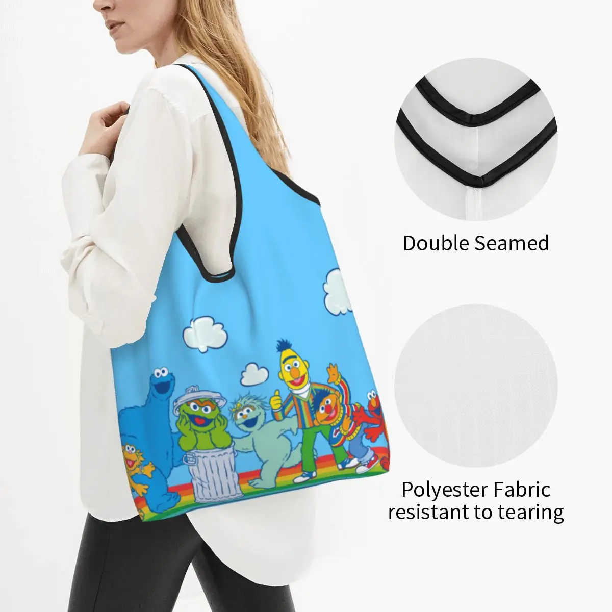 Custom Recycling Sesame Street Rainbow Shopping Bag Women Tote Bag Portable Cookie Monster Cartoon Grocery Shopper Bags