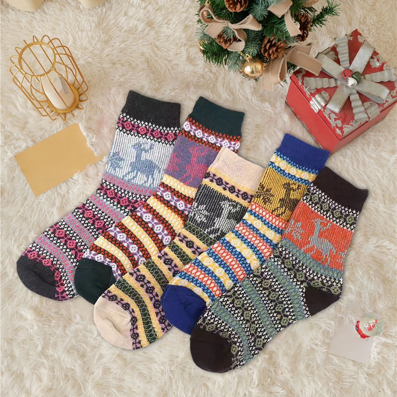 5pairs Unisex Ethnic Style Vintage Thick Wool Warm Crew Men Socks Soft Ultra-Comfortable High Quality Breathable Women's Sock ﻿